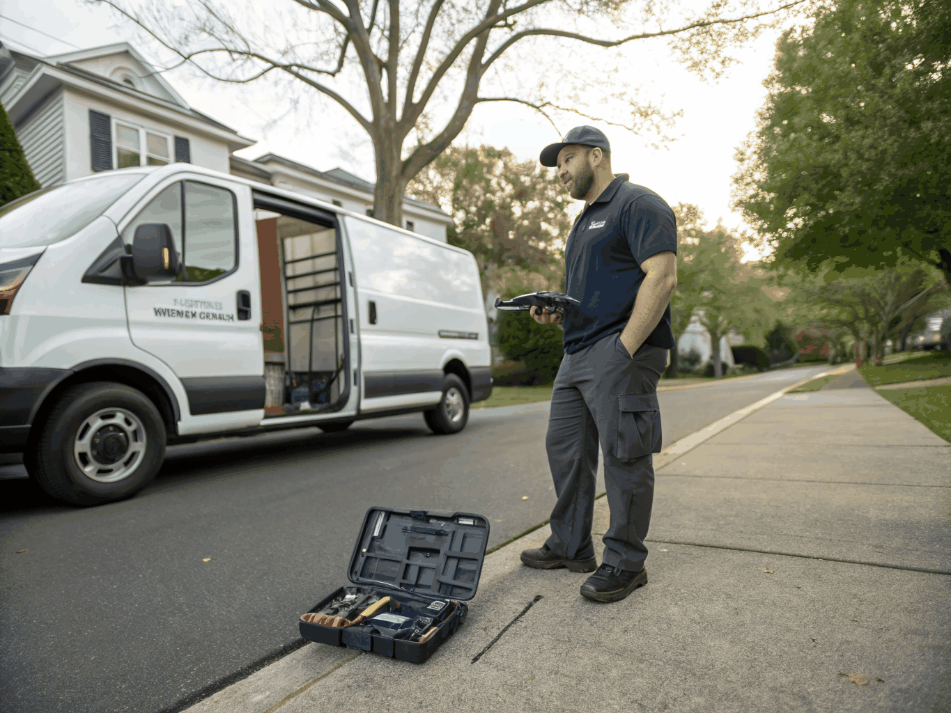 Supreme Garage Doors service van in a Charlotte NC neighborhood